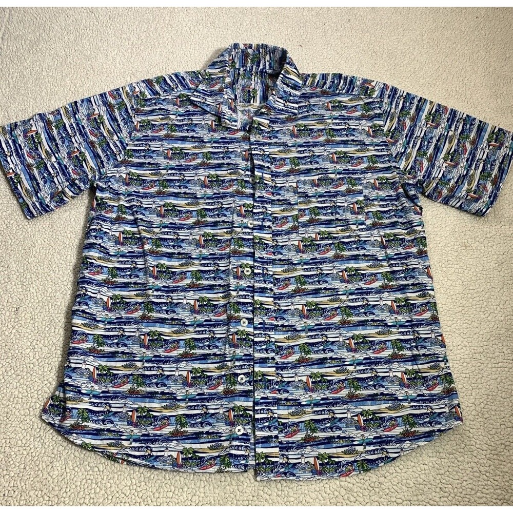 Alan Flusser Button Down Men L Surf Tropical Print Short Sleeve‎ Cotton Shirt